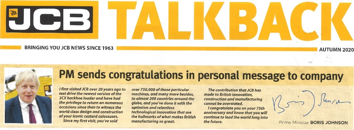 英國(guo)首相緻信(xin)祝賀JCB成(cheng)立75周年(nian)！